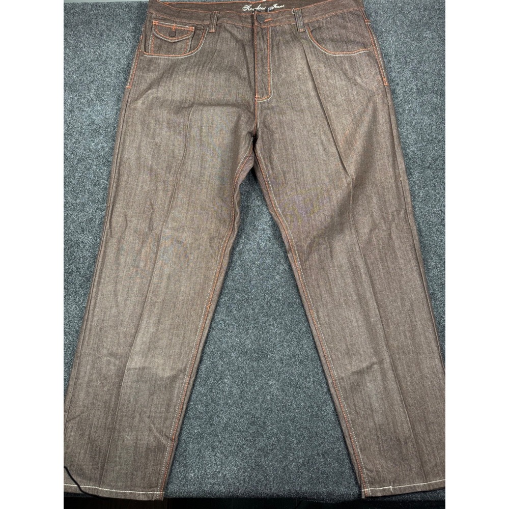Y2K Knockout Jeans Mens 46x34 Brown Denim Embroidered Crest Baggy Hip Hop